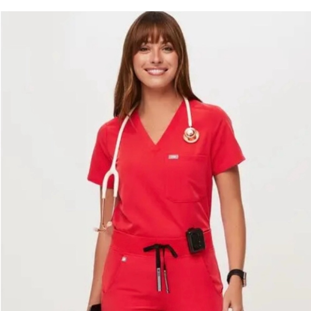 Figs Neon Red Catarina One-Pocket Scrub Top S and Zamora 2.0 Joggers Petite S